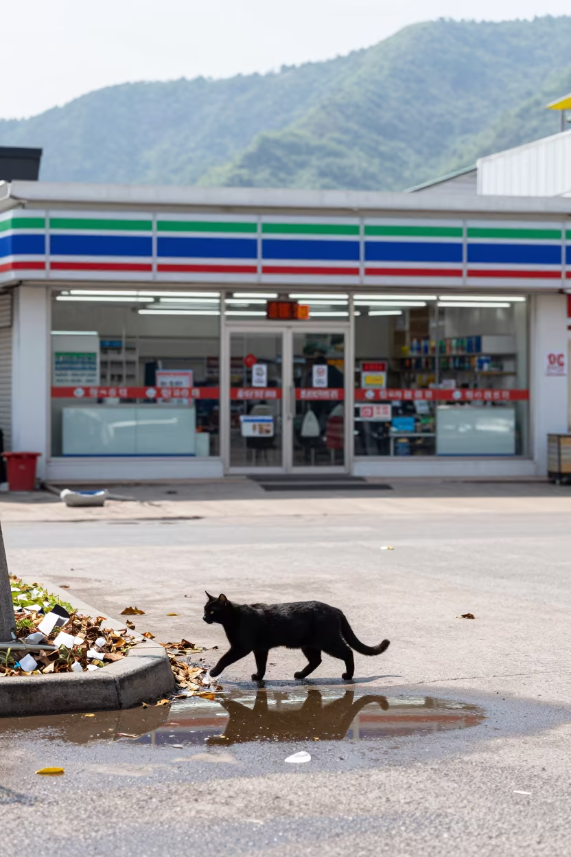 Cat Slinking Past Neon Reflections in Pyongyang Alley in outside a fluorescent convenience store in Pyongyang