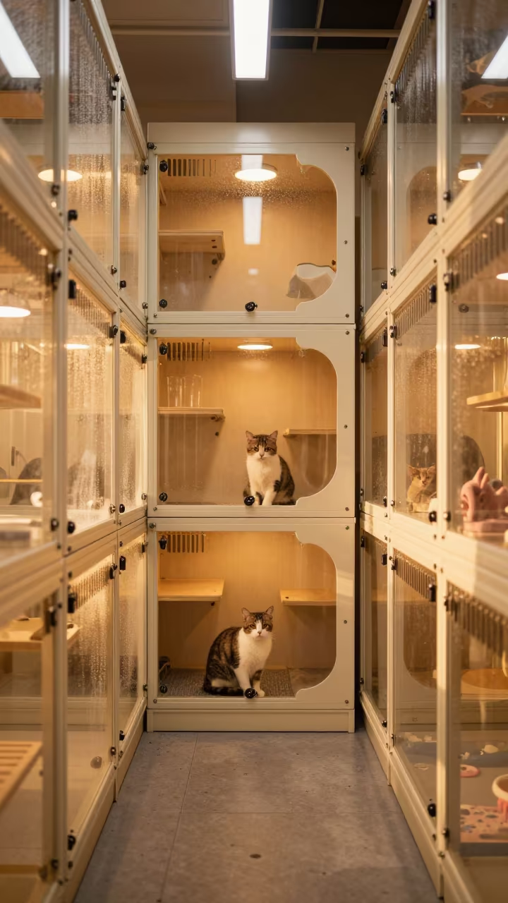 Cat on Boarding Condo Wall in Sinfra Pet Store in inside a pet store aisle in Sinfra