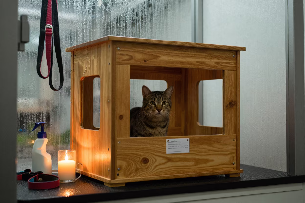Cat perch bin at dog wash station in at a self-serve dog wash station in Riobamba