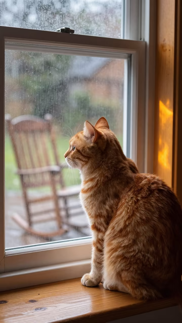 Cat on Porch Windowsill Watching Birds Noon in on a porch with a rocking chair near Ponce