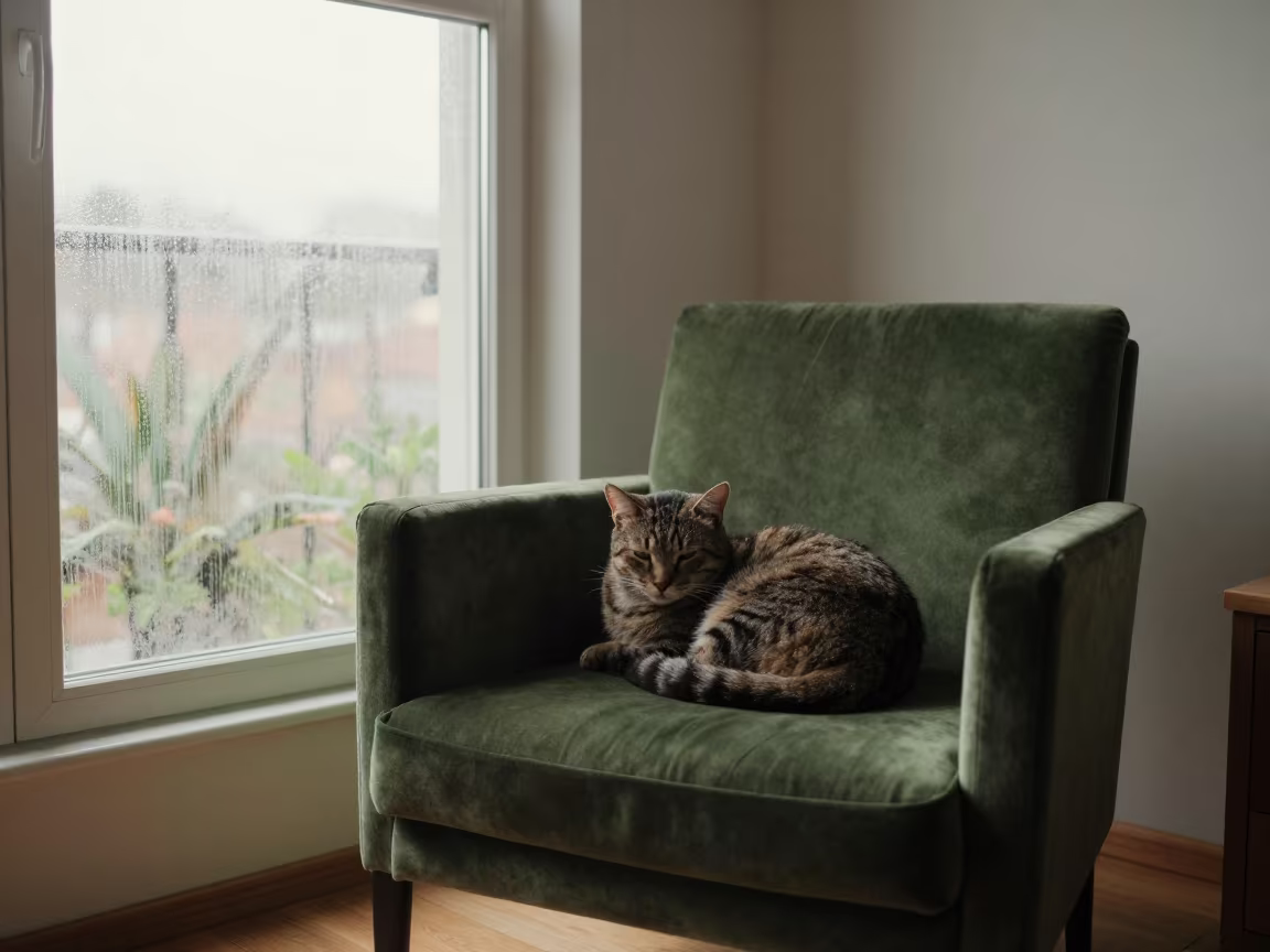 Cat Resting on Velvet Chair in Dawn Light in in a sunlit living room near Cuauhtémoc