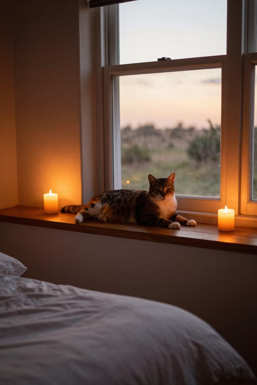 Cat Resting on Windowseat in Candlelit Libreville Room in in a candlelit bedroom near Libreville