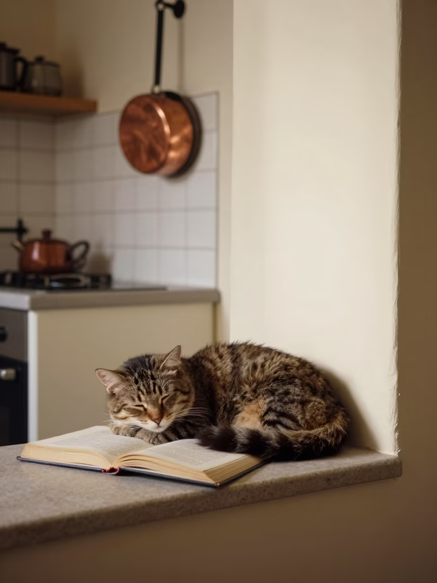 Cat Sleeping on Book in Benghazi Winter Kitchen in in a cozy kitchen in Benghazi