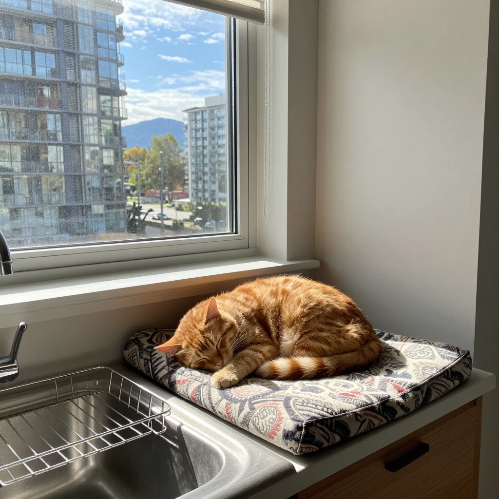 Cat Sleeping in Vancouver at The Early Afternoon Light in in Vancouver, British Columbia, Canada