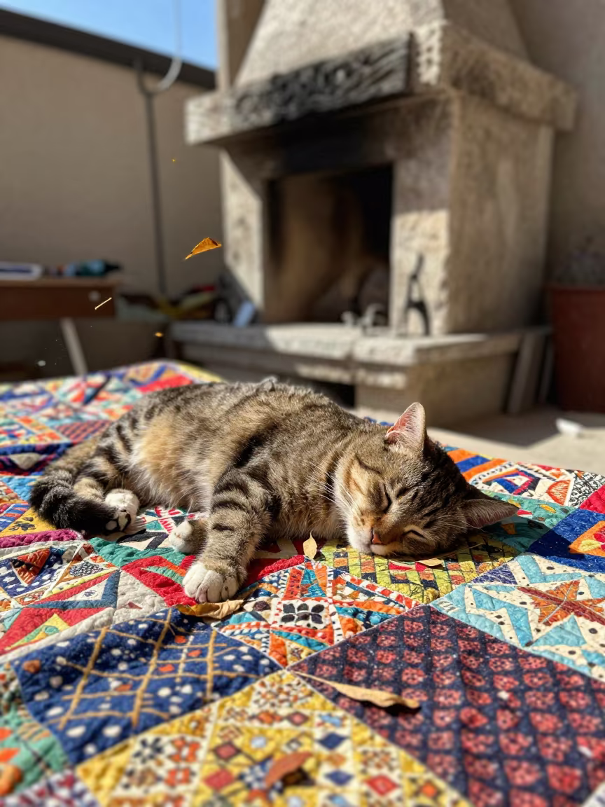 Cat Sleeping on Quilt Near Fireplace Outdoors in near Ankara