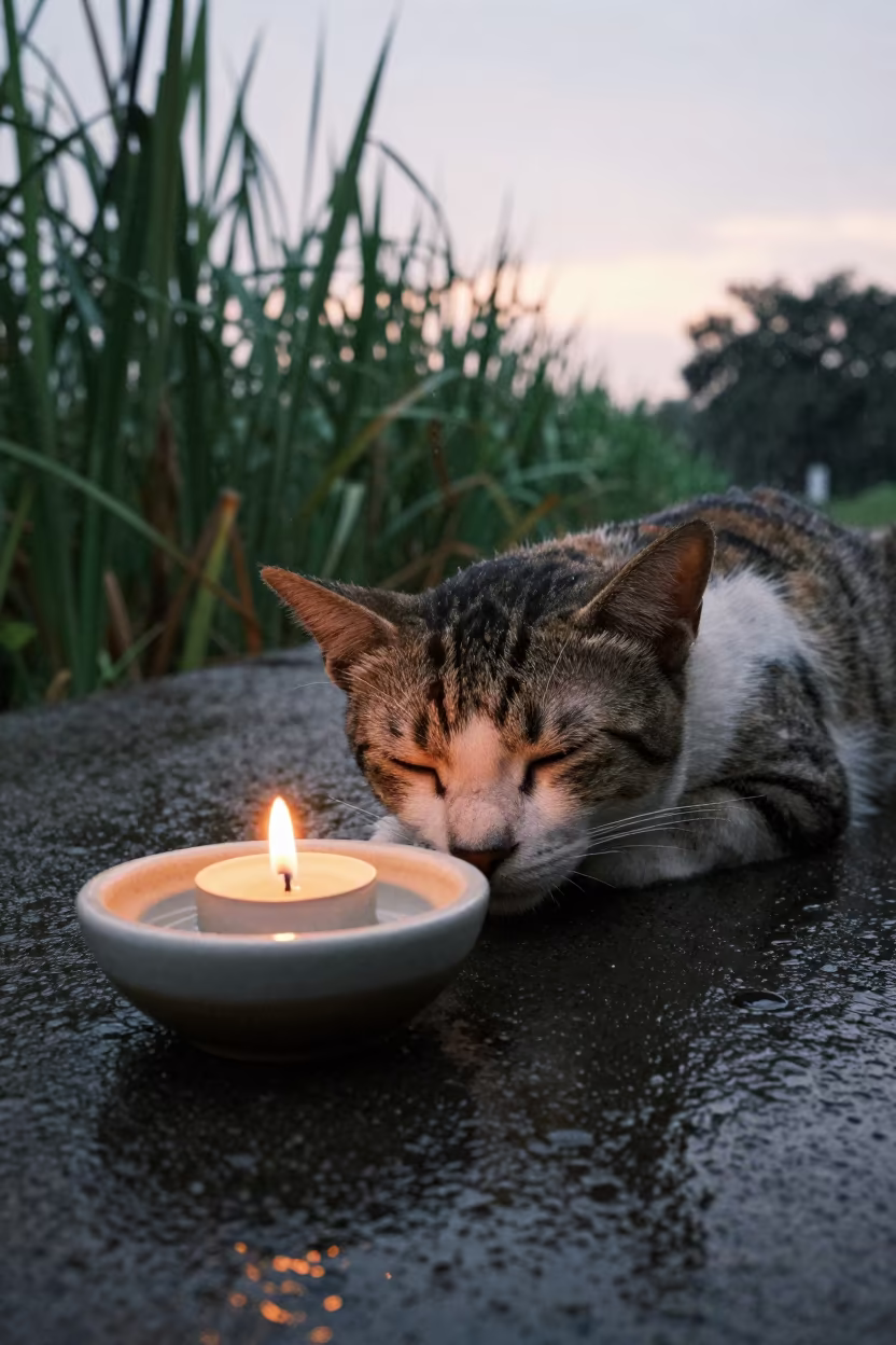 Cat Sleeping Beside Tea Light in Wet Reed Bed in at the edge of a reed bed near Johor Bahru