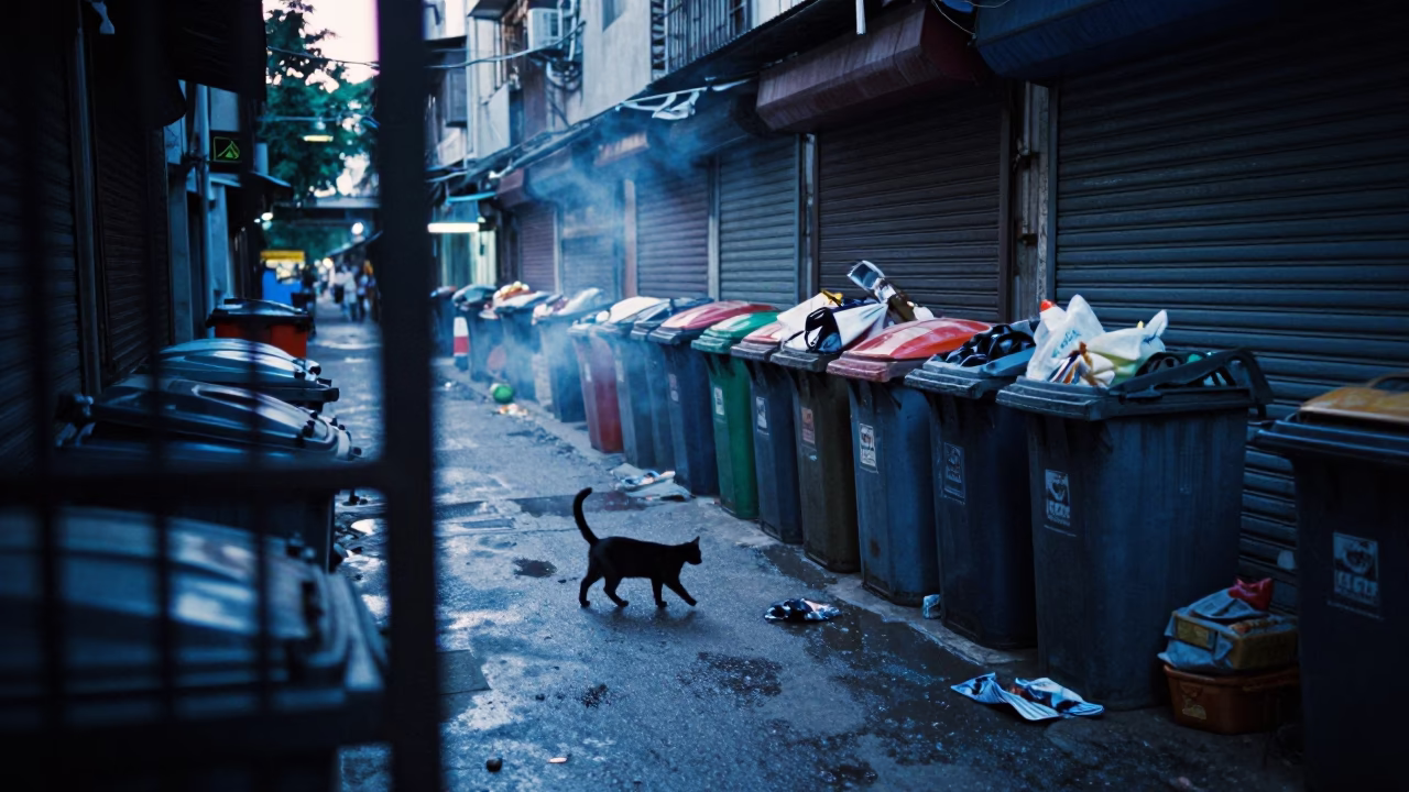 Cat Slinks Past Trash Cans in Thane Alley in along a shuttered arcade in Thane