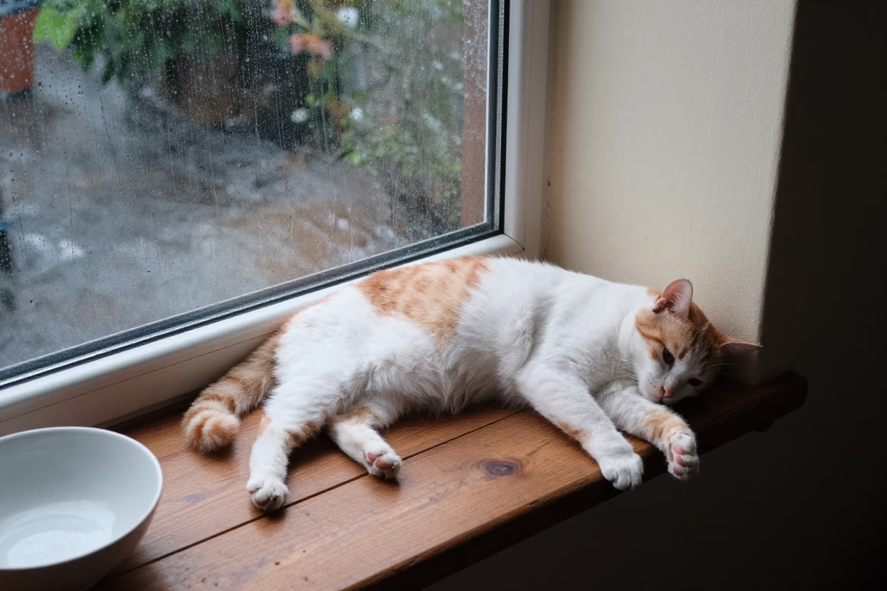 Cat Stretched on Sunny Windowseat in Sarh in beside a rain-streaked window in Sarh
