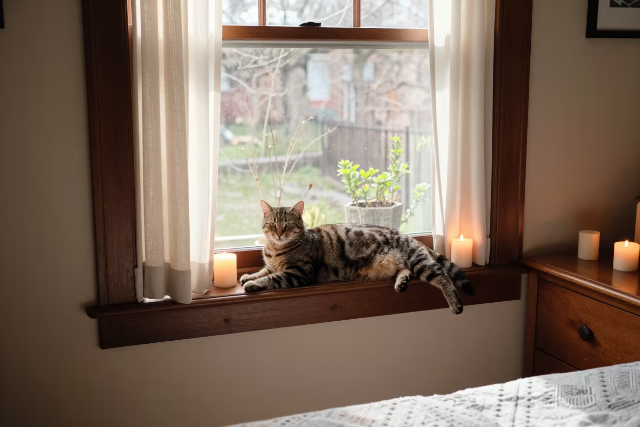 Cat on Sunny Windowseat in Candlelit Dallas Bedroom in in a candlelit bedroom in Dallas