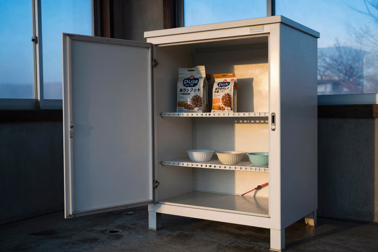 Cat Supply Cabinet After Morning Feeding in at a self-serve dog wash station in Hiroshima