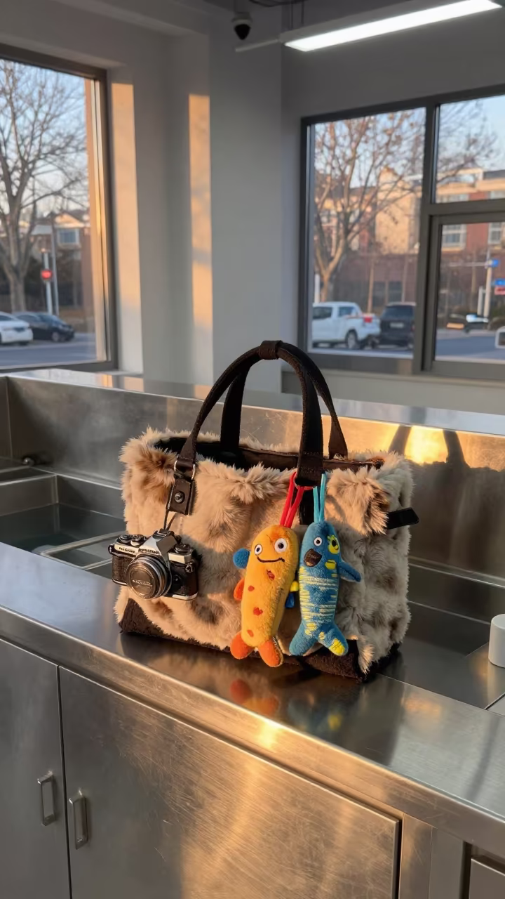 Cat Tote on Fish Bagging Counter Near Beijing in inside a fish bagging counter zone near Beijing