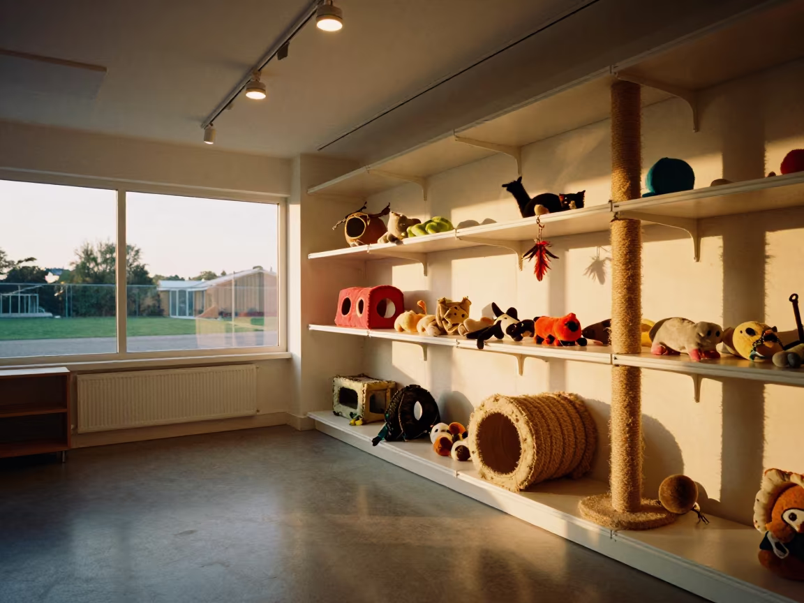 Cat Toy Library in Warm Grooming Bay Light in inside a grooming bay near Ipswich