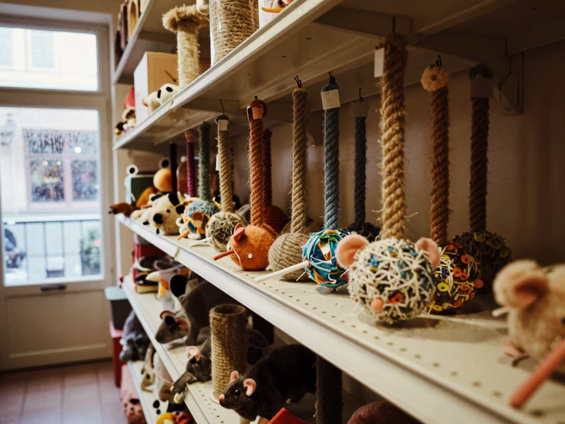 Cat Toy Library with Warm Track Lighting in inside a pet store aisle in Markt, Bruges
