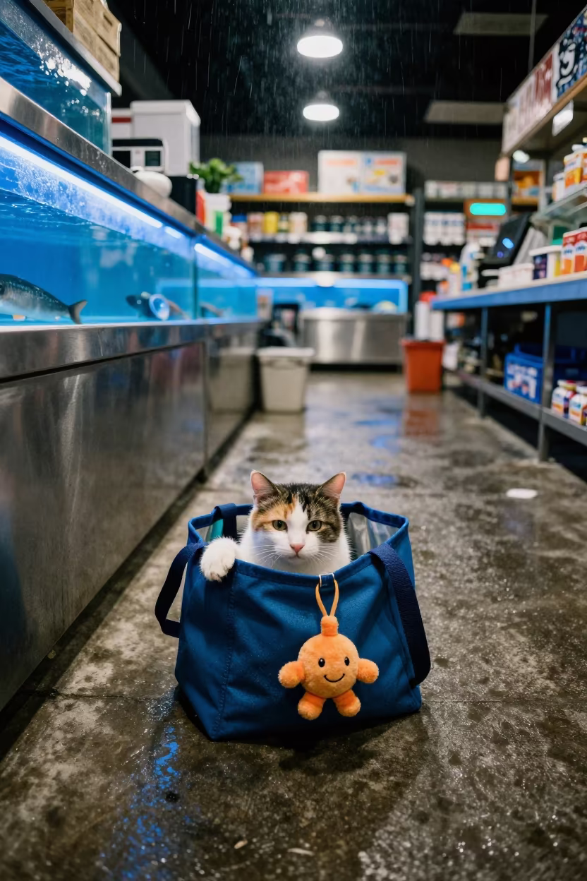 Cat Toy Tote Under Utility Lights in Assela Fish Shop in inside a fish bagging counter zone in Assela