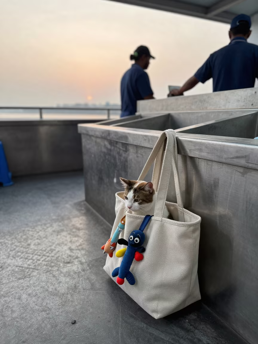 Cat Toy Tote on Fish Bagging Counter at Dawn in inside a fish bagging counter zone near Kolkata