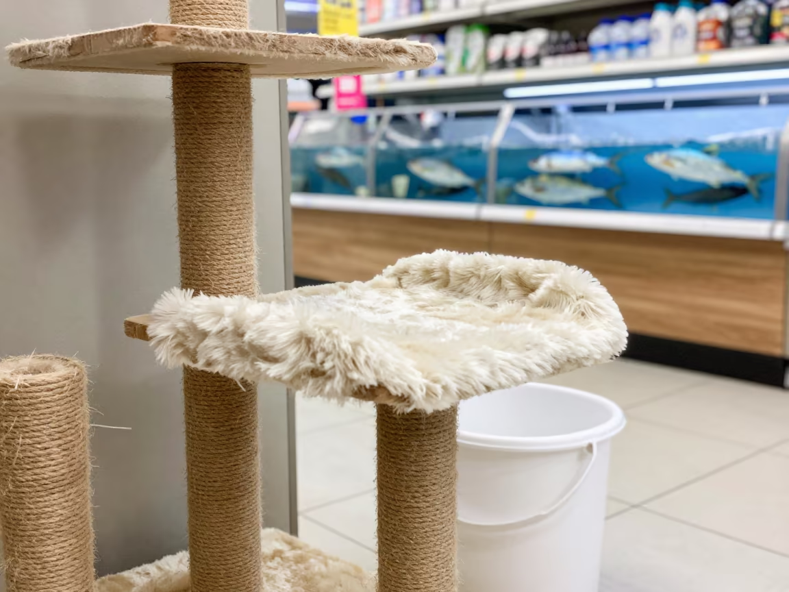 Cat Tree Showroom Near Cleaning Bucket in Jerusalem in inside a fish bagging counter zone near Jerusalem