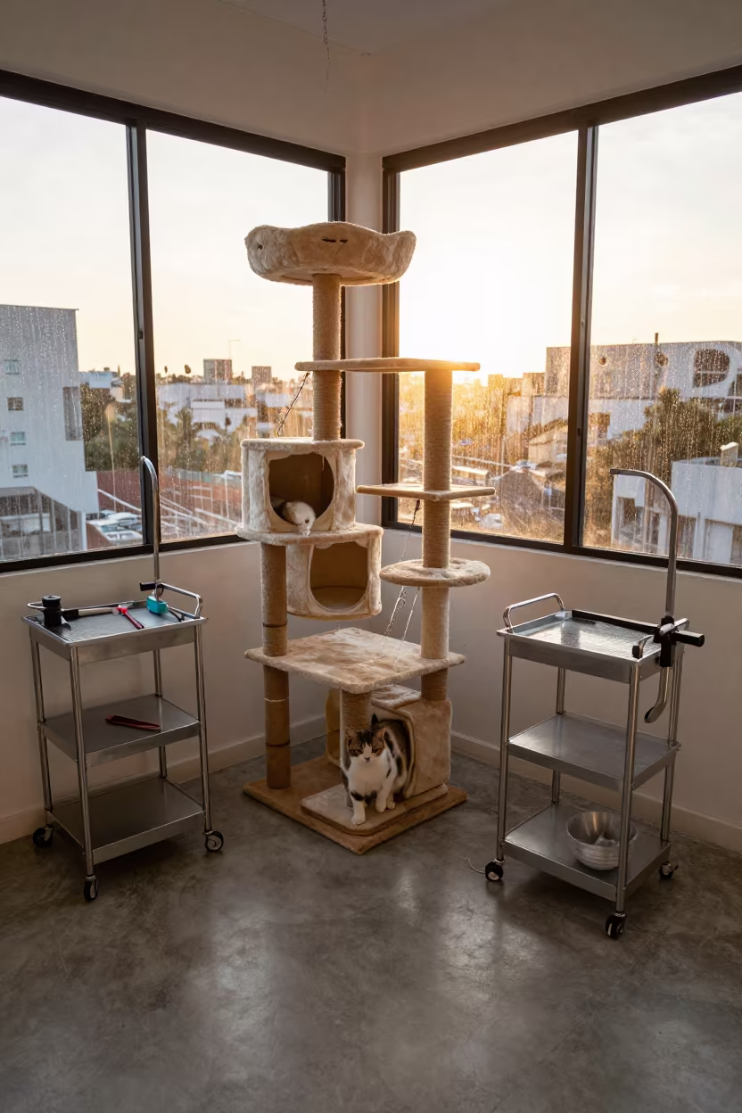 Cat Tree Showroom with Rolling Cart in São Paulo in inside a grooming bay in São Paulo