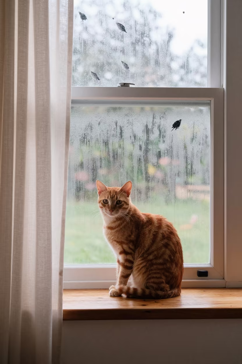 Cat Watching Birds on Sunlit Bulawayo Windowsill in in a sunlit living room in Bulawayo