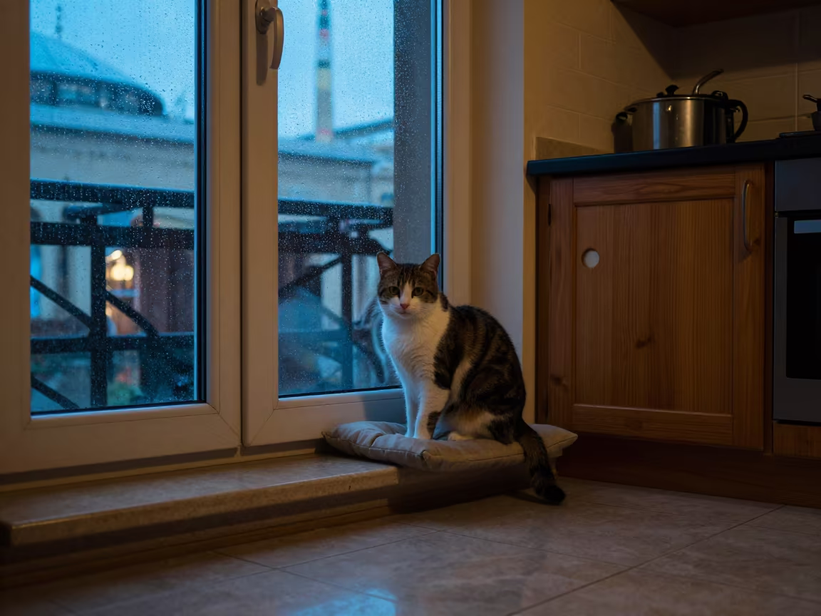 Cat Watching Rain in Neon Kitchen Light in in a cozy kitchen near Mecca