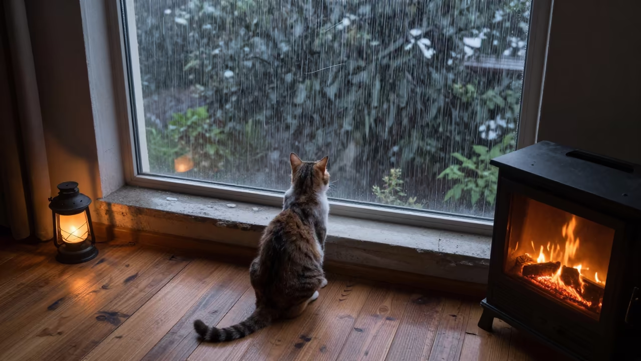 Cat Watching Upward Rain from Window in by a crackling fireplace in Nampo
