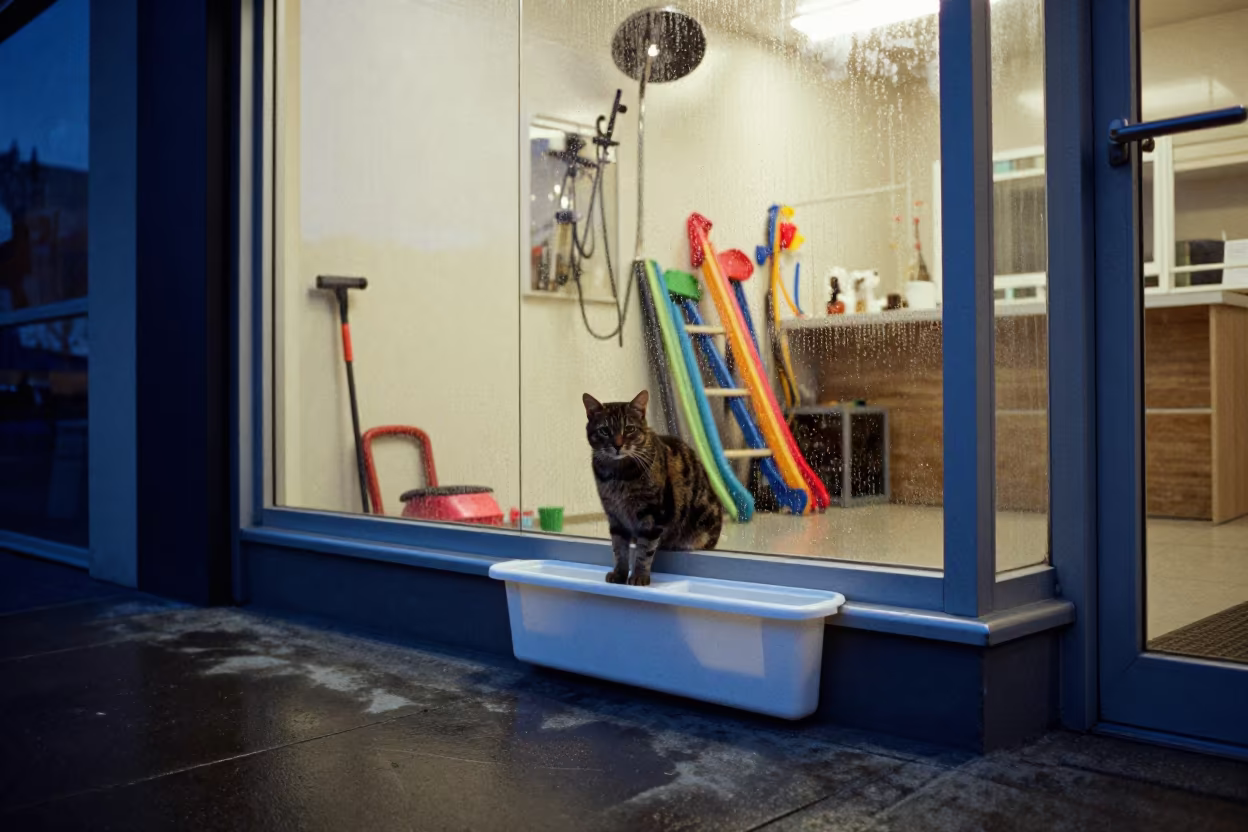 Cat Window Perch Repair Bin at Dog Wash in at a self-serve dog wash station in Christchurch