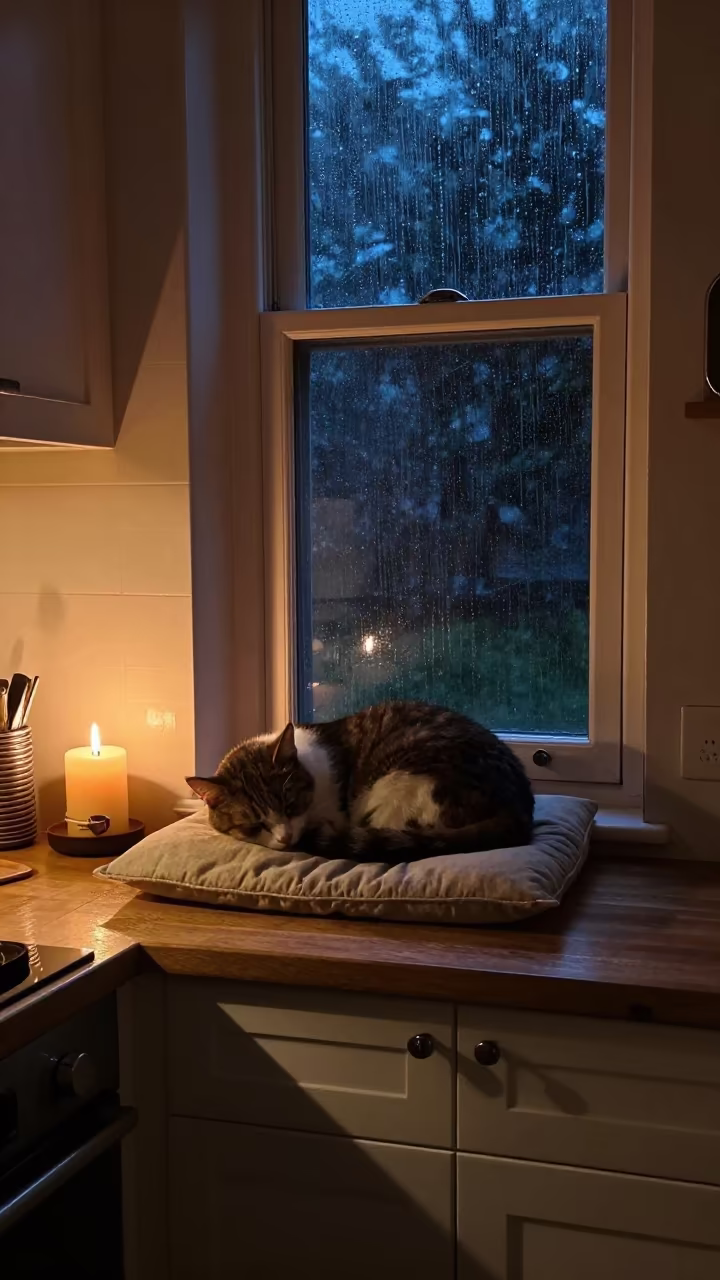 Cat Curled on Window Seat in Burao Kitchen in in a cozy kitchen near Burao