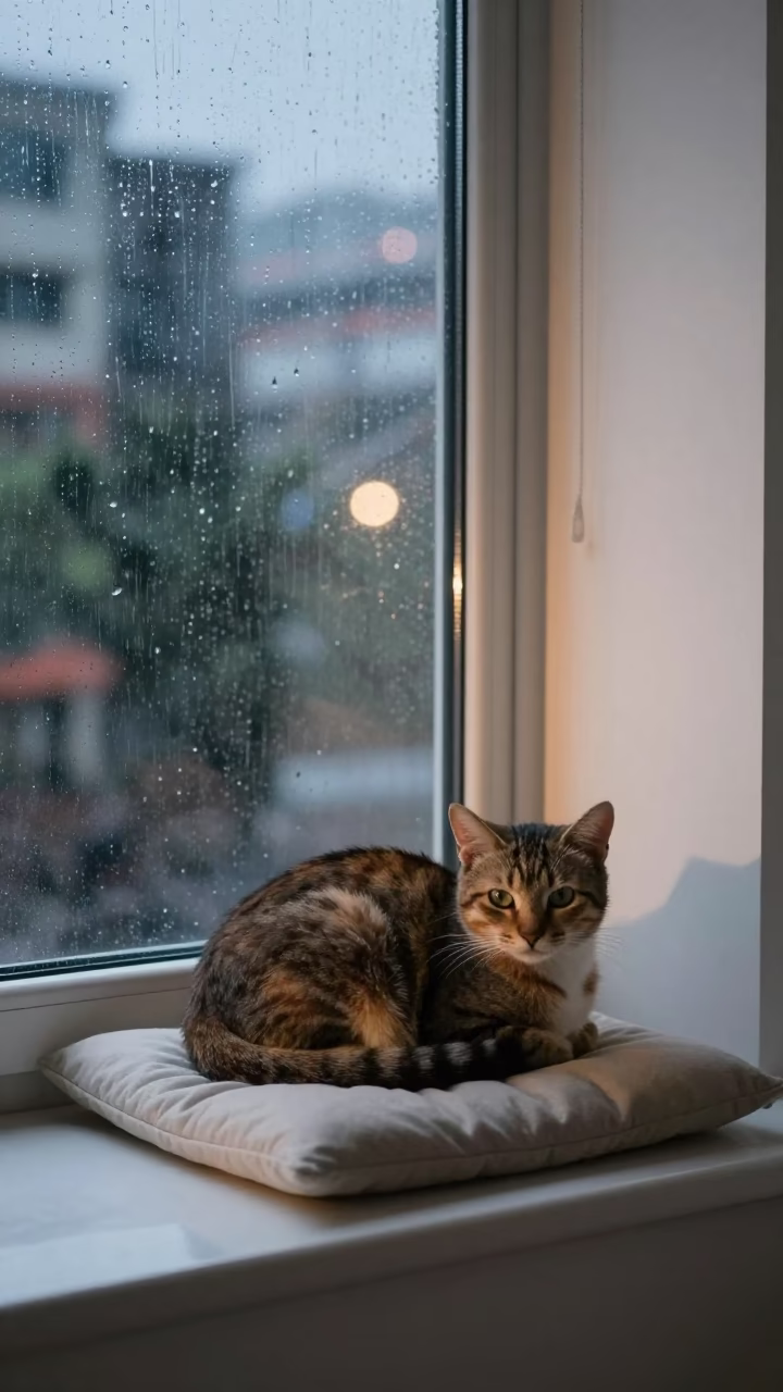 Cat Curled on Window Seat Dhaka Monsoon Night in on a window seat in Dhaka