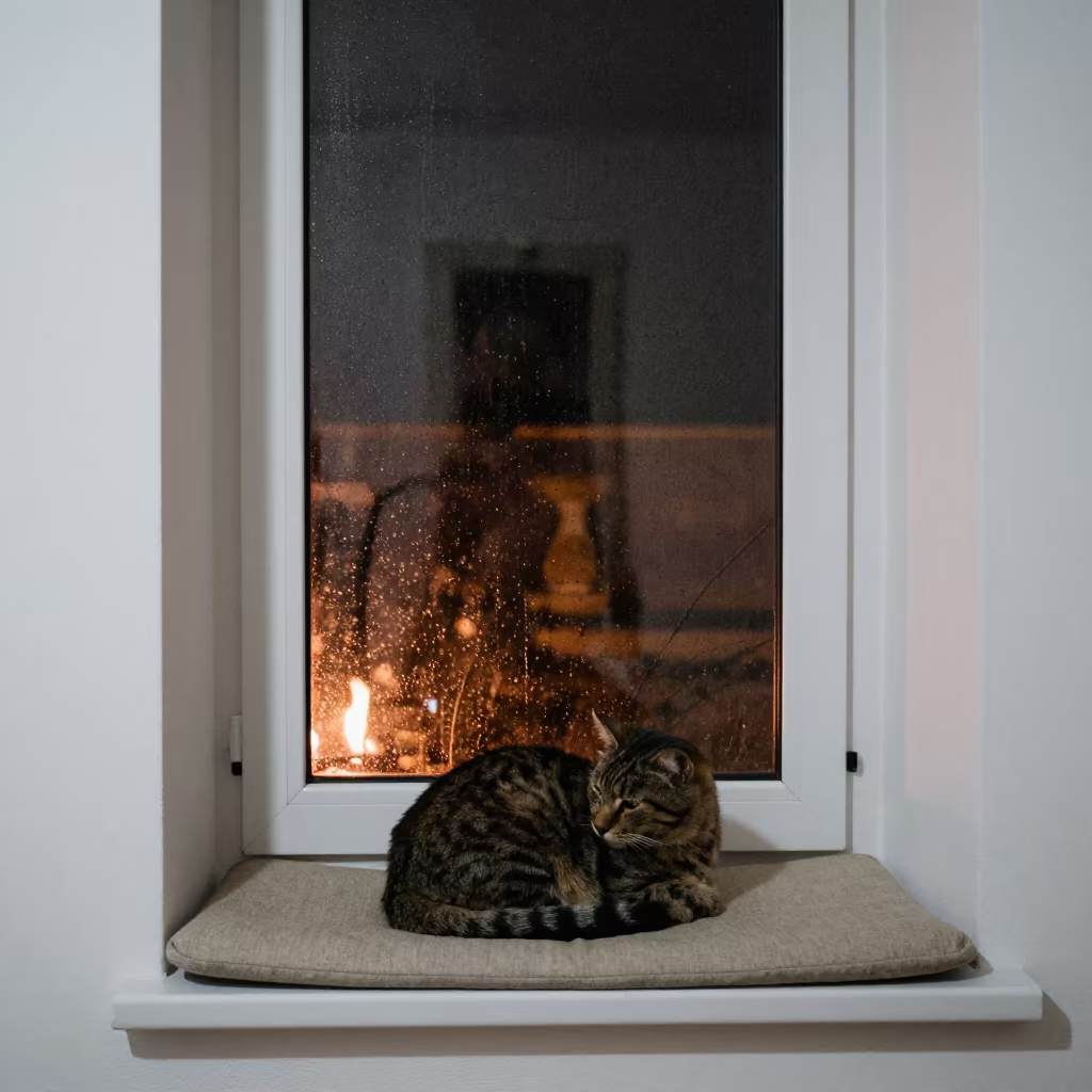 Cat Curled on Window Seat in Winter Night Firelight in on a window seat in Sidi Bel Abbès