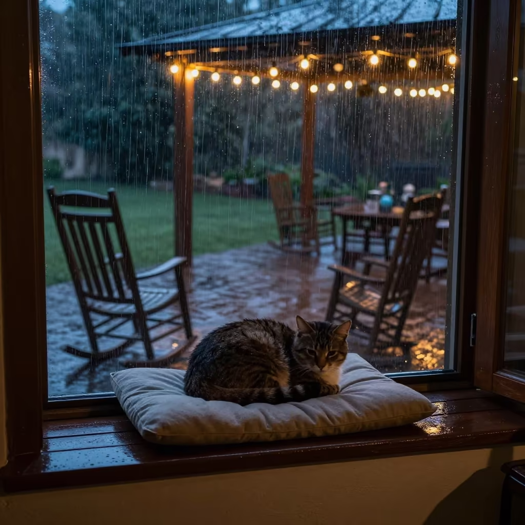 Cat on Windowseat Cushion in Predawn Rain in on a porch with a rocking chair near New Borg El Arab