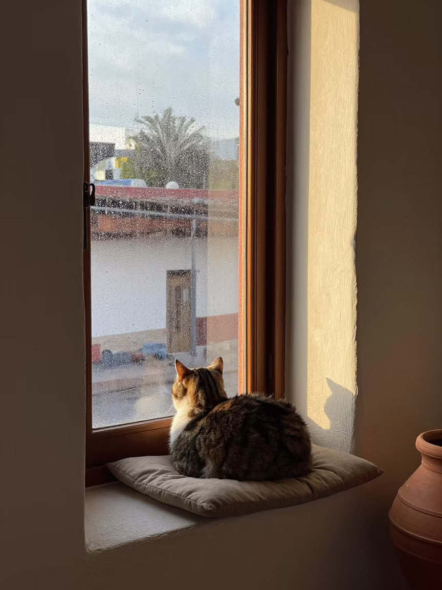 Cat on Windowseat Cushion Rain Chihuahua in beside a rain-streaked window near Chihuahua
