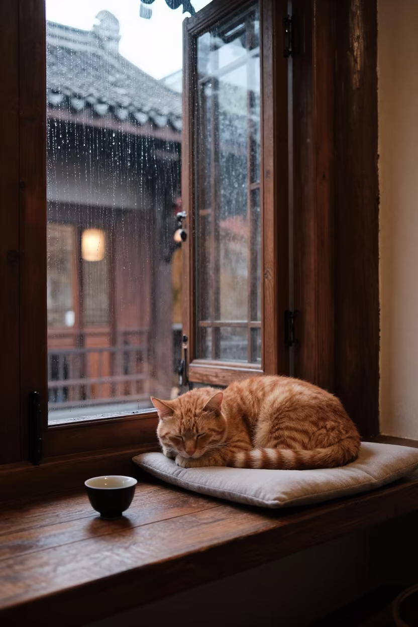 Cat on Windowseat Before Dawn in Jinli Chengdu in beside a rain-streaked window near Jinli, Chengdu