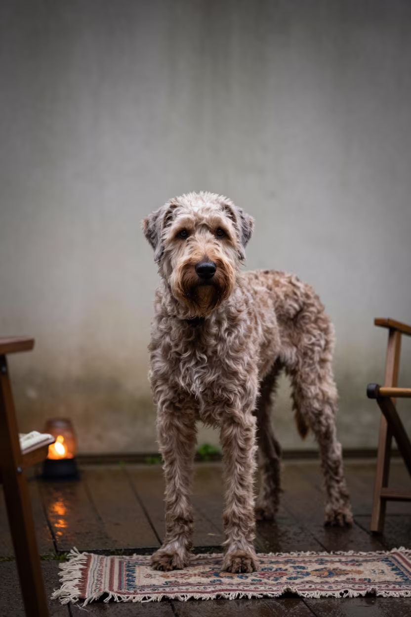 Catahoula Leopard Dog in Nagoya Courtyard in beside a plain courtyard wall in clear daylight with the animal at eye level in Nagoya