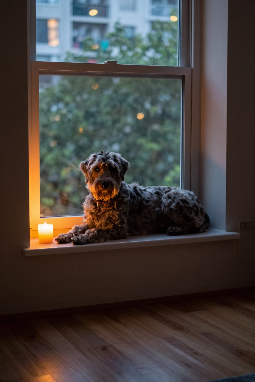 Catahoula Leopard Dog on Prato Window Seat in on a window seat in a quiet apartment with soft side light in Prato