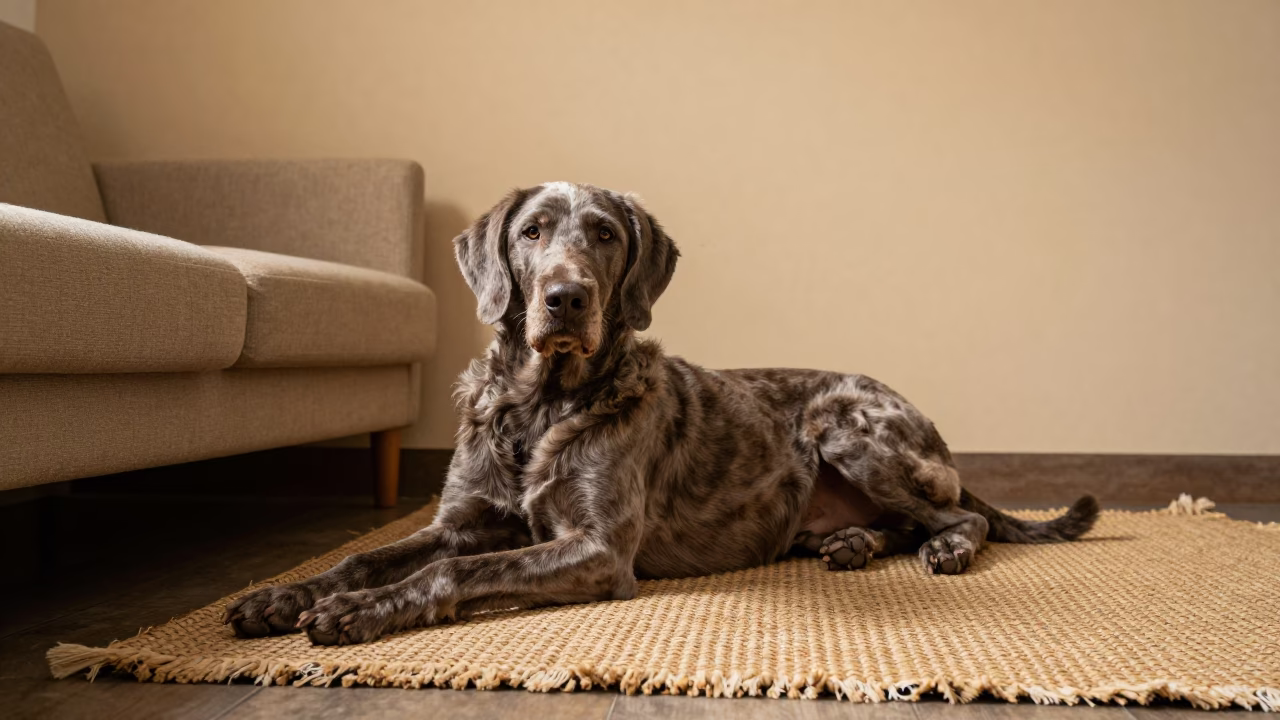 Catahoula Leopard Dog on Woven Rug in Jakarta Home in on a woven rug beside a low couch and an uncluttered wall in Tanah Abang, Jakarta