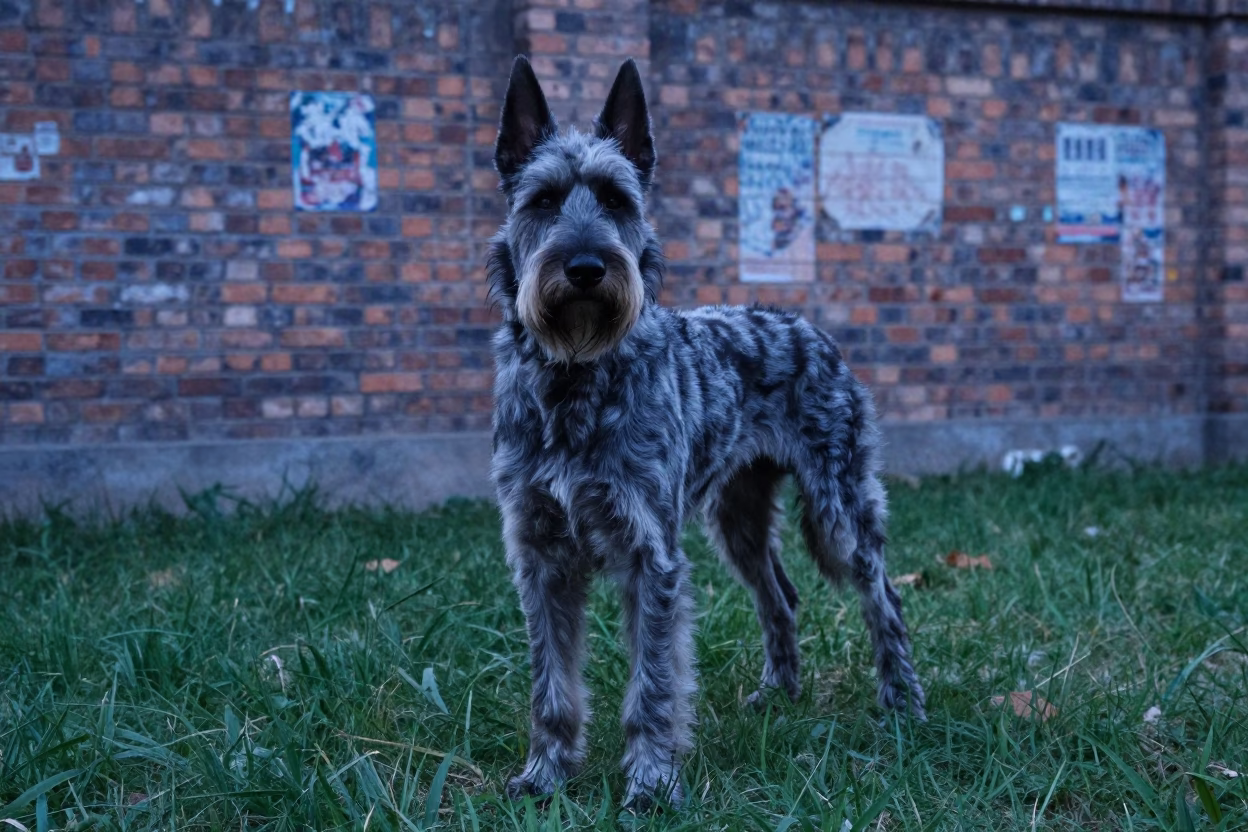 Catahoula Leopard Dog Portrait in Jinan Yard in in a small yard with clipped grass, calm light, and the animal centered in frame in Jinan