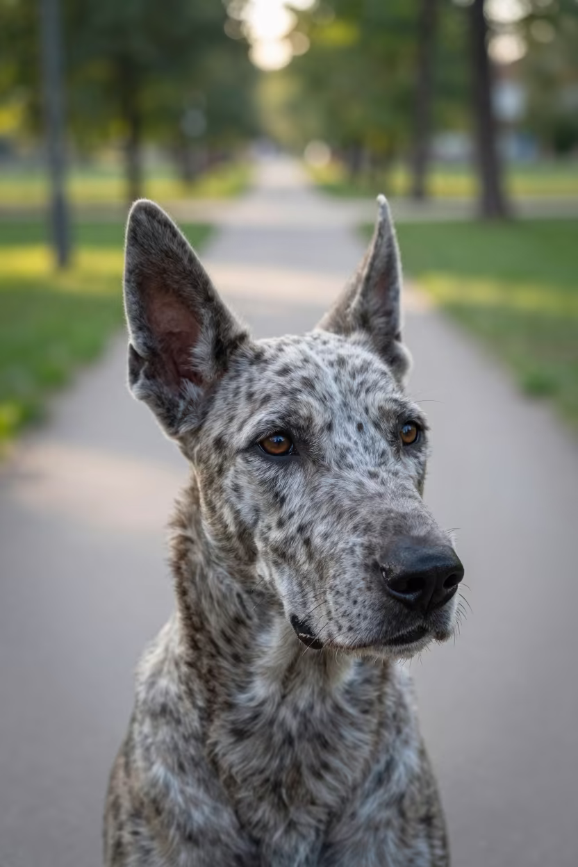 Catahoula Leopard Dog Portrait in Morning Shade in along a quiet park path with soft open shade and a clean background near Veliko Tarnovo