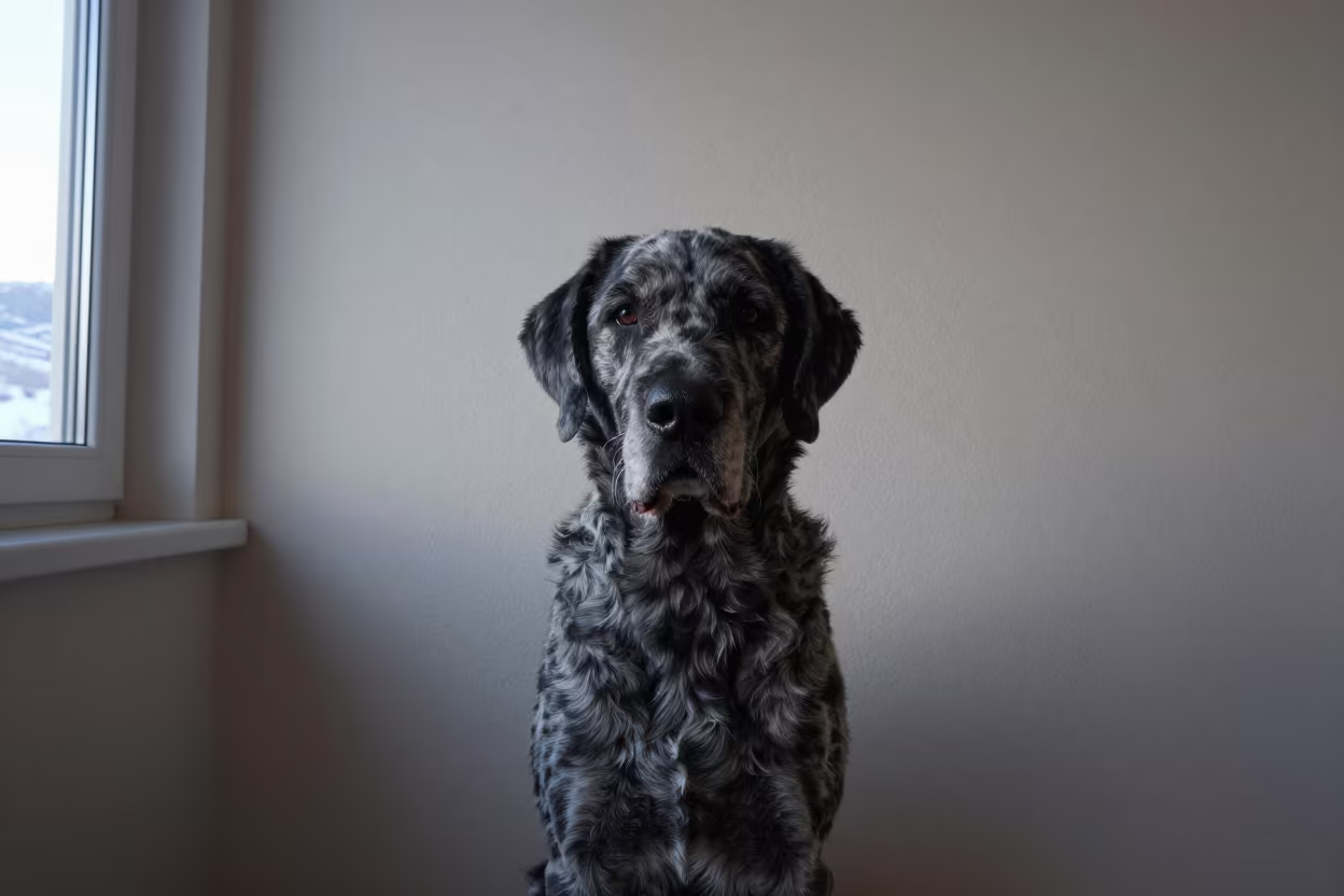 Catahoula Leopard Dog Portrait in Winter Light in beside a plain plaster wall in soft indoor light with the animal centered in frame in Niğde