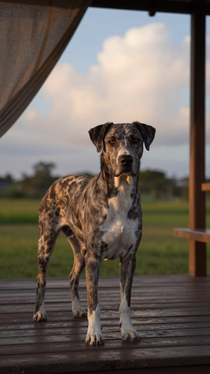 Catahoula Leopard Dog Portrait on Minatitlán Porch in on a shaded front porch with boards, railings, and eye-level framing in Minatitlán