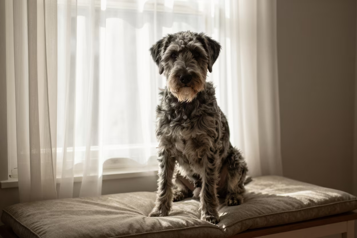 Catahoula Leopard Dog Portrait on Window Seat in on a cushioned window seat with soft side light and an uncluttered background near Modena