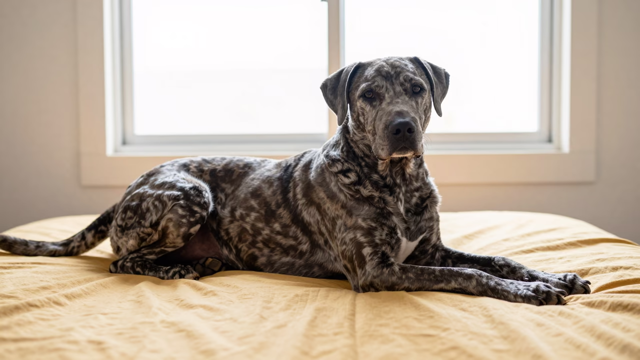 Catahoula Leopard Dog Resting by Ponce Window in on a bedspread near a bright window with calm indoor light in Ponce