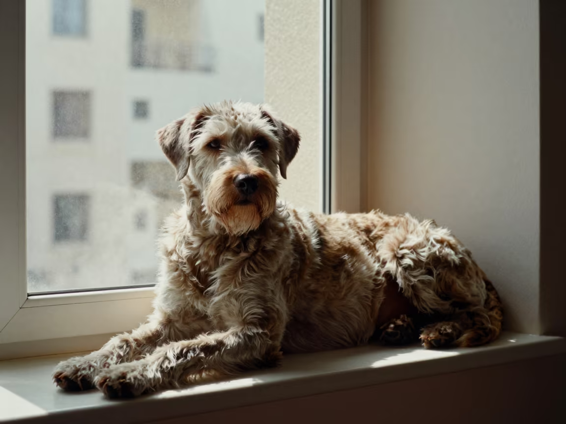 Catahoula Leopard Dog Resting on Apartment Window Seat in on a window seat in a quiet apartment with soft side light near Kuwait City