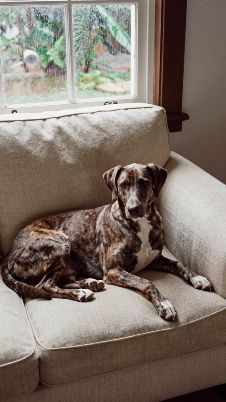 Catahoula Leopard Dog Resting on Linen Sofa in on a linen sofa with daylight from a nearby window near Chetumal