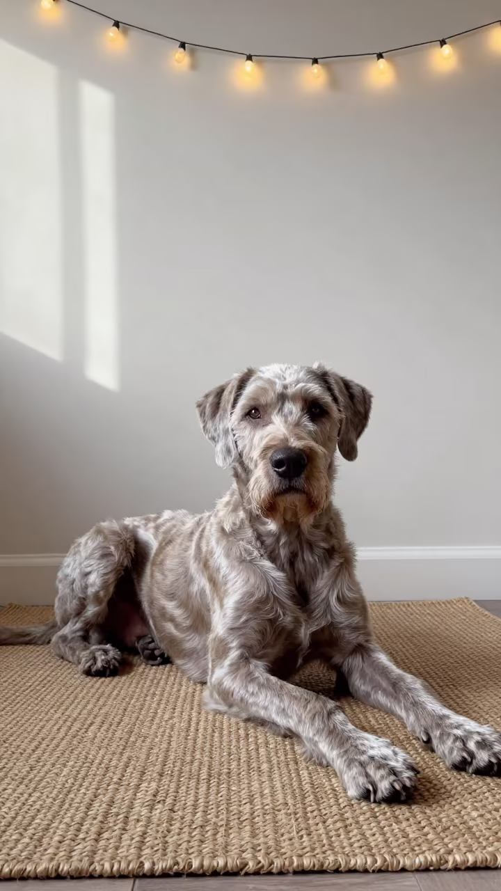 Catahoula Leopard Dog Resting on Rug in on a woven rug beside a low couch and an uncluttered wall near Sandvika