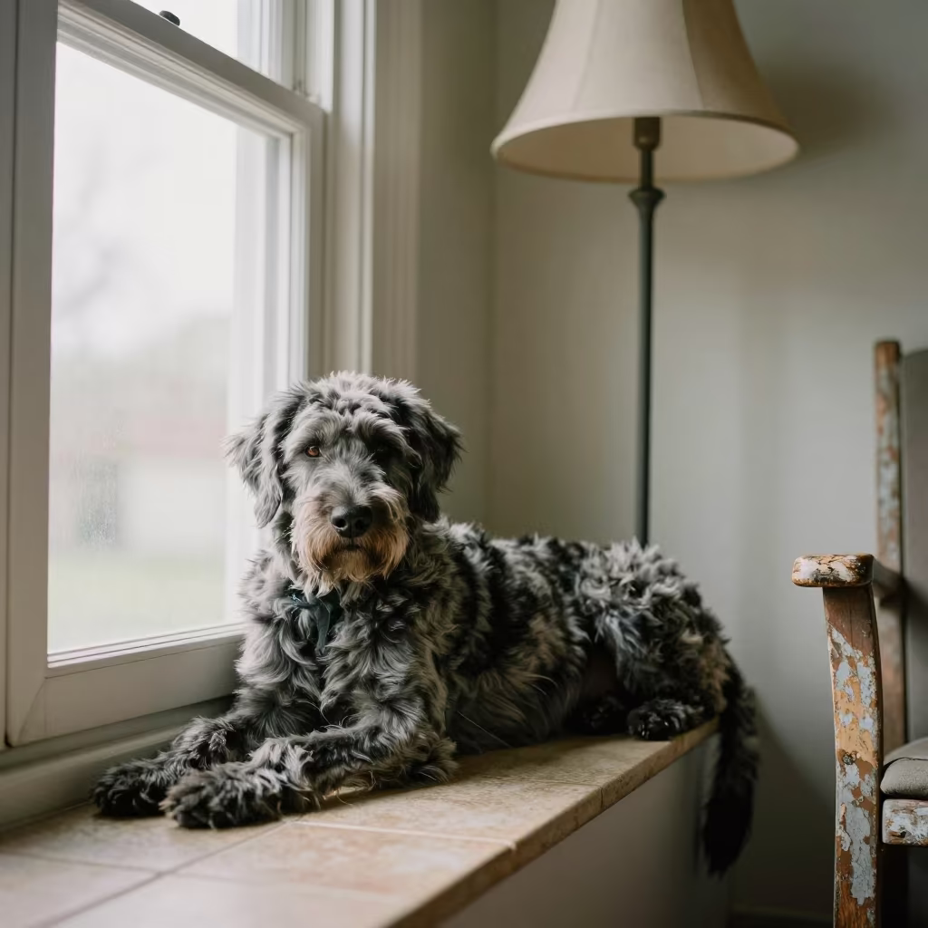 Catahoula Leopard Dog Resting on Window Seat in on a window seat in a quiet apartment with soft side light in Ilorin