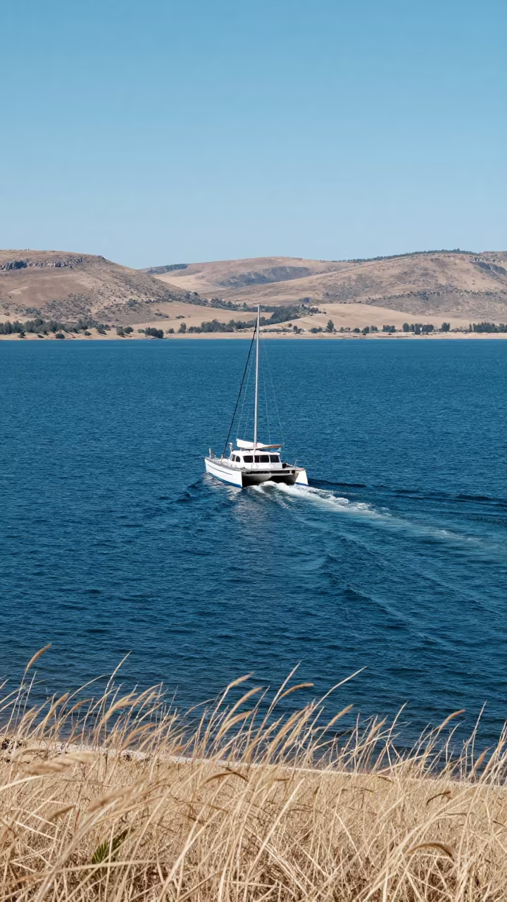 Catamaran Cruising Blue Water Under Noon Sun in in Lesotho