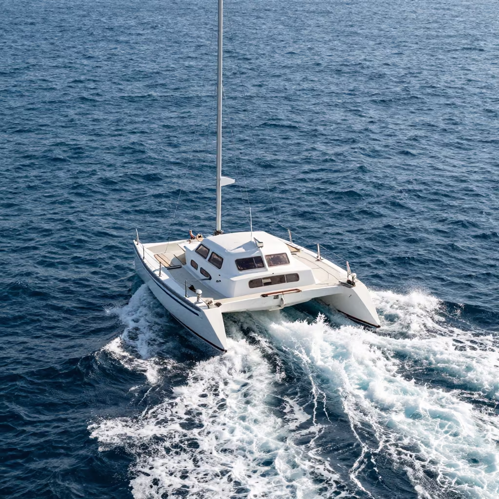 Catamaran Cuts Winter Snow in Blue Sea in in Campania