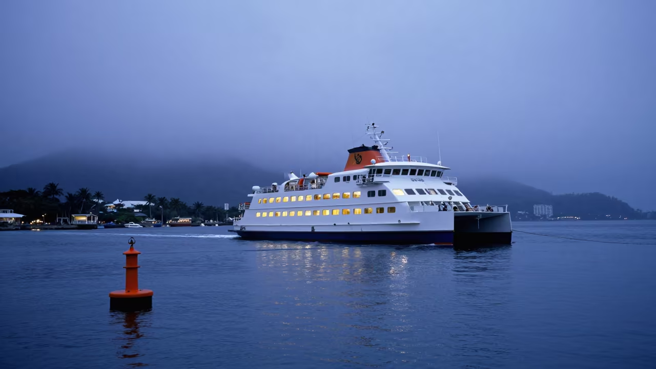 Catamaran Ferry in Indigo Twilight Fog in beside a fogbound harbor mouth near Kingston