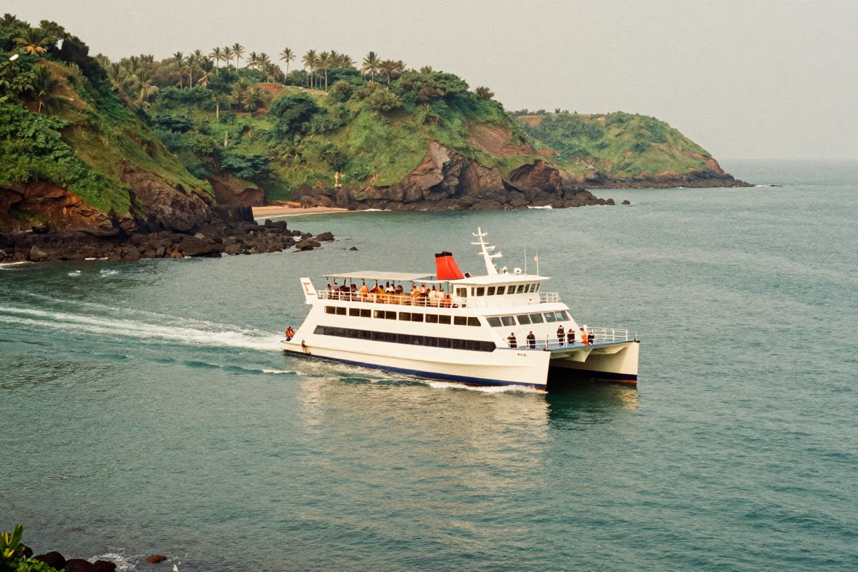 Catamaran Ferry Navigating Goa Switchback Coast in along a switchback approach in Goa