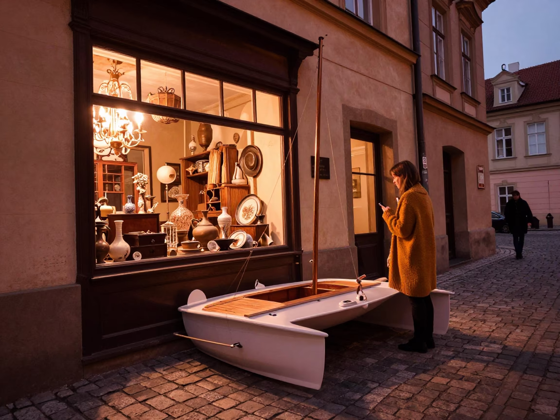 Catamaran Model in Prague at Copper-toned Light Before Dusk in in Prague, Czech Republic
