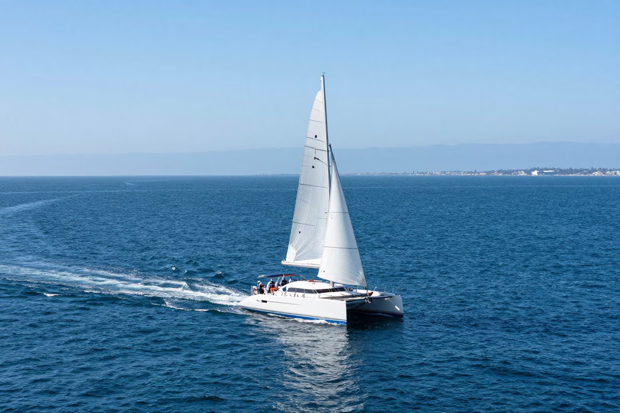 Catamaran sailing bright blue ocean waters under San Diego midday sun in in San Diego, California, United States